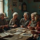 Cinematic image depicting resilient Ukrainian women sharing survival stories in a warm community center, symbolizing strength and hope amidst adversity.