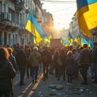 A group of Ukrainian people holding flags, gathered in a damaged urban street, showcasing unity amidst destruction, symbolizing hope and resilience.