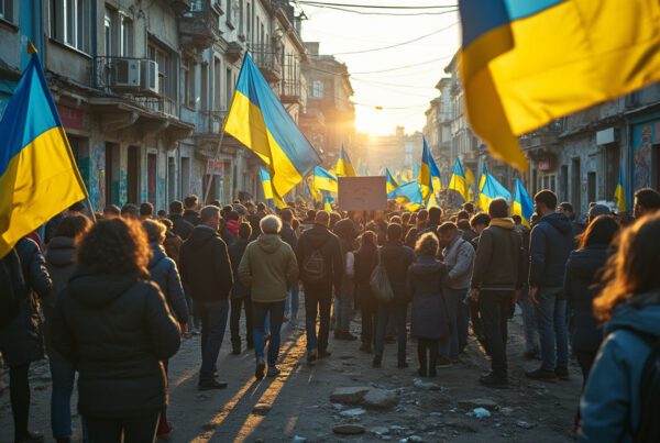 A group of Ukrainian people holding flags, gathered in a damaged urban street, showcasing unity amidst destruction, symbolizing hope and resilience.