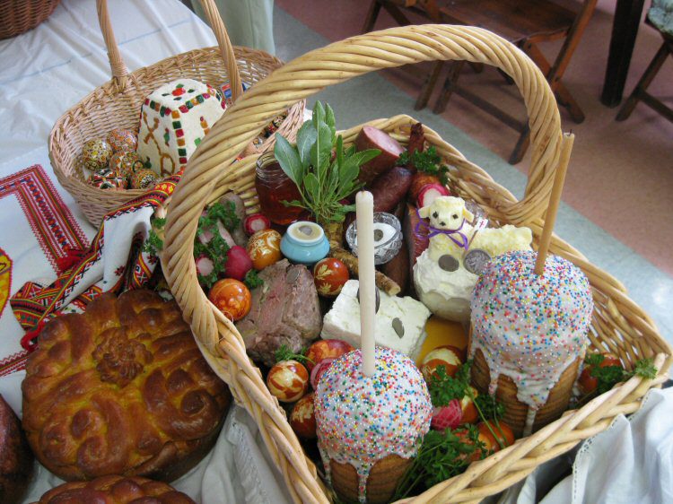 Ukrainian Easter Basket With Traditional Foods And Decorations.