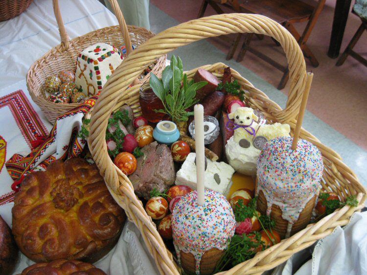 Ukrainian Easter basket with traditional foods and decorations.