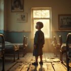 A young boy around 10 years old stands in a Ukrainian orphanage, bathed in golden hour light, gazing at an old family photo, evoking nostalgia and resilience amidst worn memorabilia.