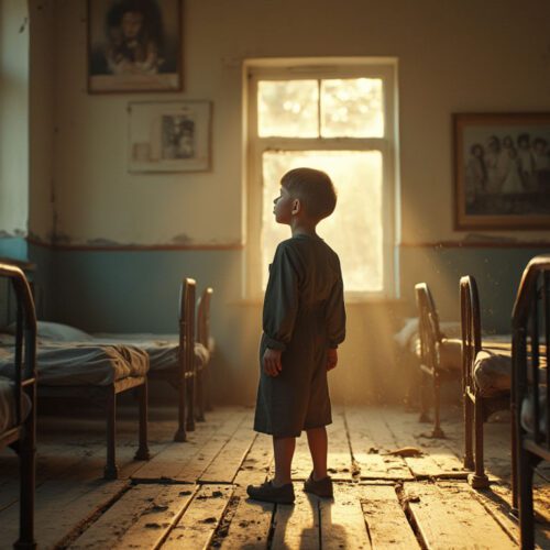 A young boy around 10 years old stands in a Ukrainian orphanage, bathed in golden hour light, gazing at an old family photo, evoking nostalgia and resilience amidst worn memorabilia.