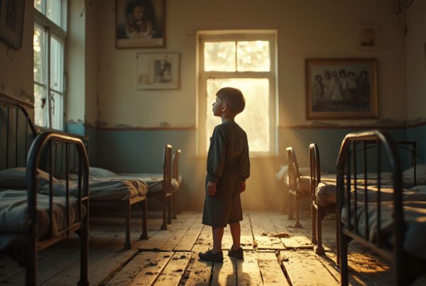 A young boy around 10 years old stands in a Ukrainian orphanage, bathed in golden hour light, gazing at an old family photo, evoking nostalgia and resilience amidst worn memorabilia.