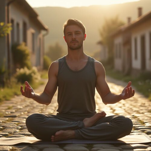 A young man practicing yoga on the cobblestone streets of a Ukrainian village at dawn, embodying tranquility and resilience in a serene setting.