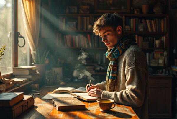 A young Ukrainian gay author immersed in writing at an antique desk, surrounded by cultural artifacts and books, conveying themes of resilience and belonging.